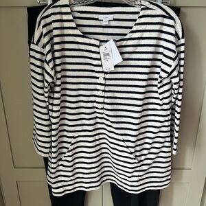 NWT J.Jill Navy/White Stripe Terry Pullover w Kangaroo Pocket SZ S - Super Cute!